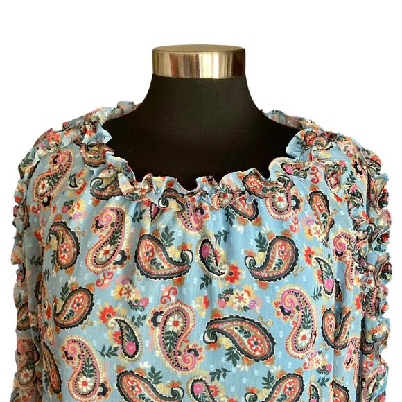 Boden Blue Multicolor Paisley Blouse Ruffle Trimmed Long Sleeve Popover Size 10 - Picture 5 of 11
